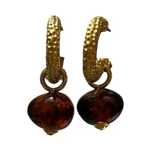 Vintage St‎ John Gold Tone Hoop Clip Earrings Tortoise Lucite Drop